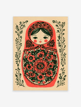 Matryoshka nesting doll illustration with red headpiece and black floral pattern on a cream background