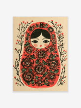 Matryoshka nesting doll illustration with red floral patterns and botanical vines on a neutral background