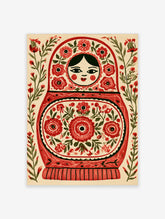 Matryoshka nesting doll illustration with red flowers and botanical patterns on a neutral background