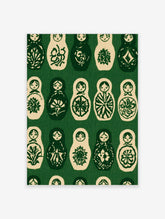 Repeating pattern of Matryoshka nesting dolls in dark green and cream, illustrative folk art style wall art print