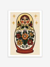 Matryoshka doll wall art illustration with floral patterns and stars on a cream background