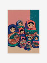 Illustrative art print of colorful Matryoshka Russian nesting dolls with village scenes and trees on a pink and teal background.