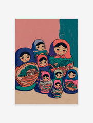 Illustrative art print of colorful Matryoshka Russian nesting dolls with village scenes and trees on a pink and teal background.