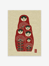 Red Matryoshka dolls wall art with green hair and floral designs on a textured cream background, folk art style.