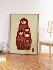 Red Matryoshka dolls wall art with green hair and floral designs on a textured cream background, folk art style. - Image 2