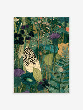 Meadow insect poster with leopard moth, purple thistles, blackberries, and green beetle among foliage