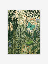 Illustrated meadow poster with teal butterfly, green grasshopper, and wildflowers on cream background