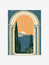 Mediterranean arch coastal landscape print with orange sky, blue sea and cypress trees