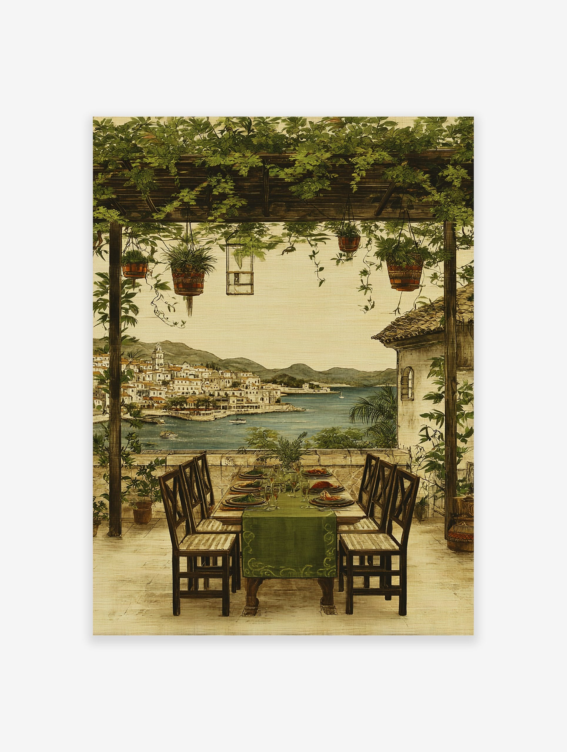 Mediterranean coastal wall art showing an al fresco dining terrace with green pergola overlooking a seaside town and blue sea.