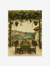 Mediterranean coastal wall art showing an al fresco dining terrace with green pergola overlooking a seaside town and blue sea.