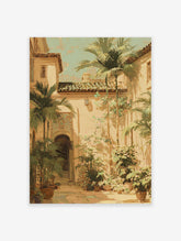 Sunlit Mediterranean courtyard wall art with palm trees, arched doorways, tiled roofs, and potted plants in illustrative style.