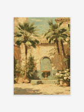 Vibrant Mediterranean courtyard painting with a blue tiled fountain, two tall palm trees, and lush potted plants.