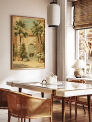 Vibrant Mediterranean courtyard painting with a blue tiled fountain, two tall palm trees, and lush potted plants. - Image 2