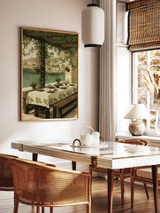 Painting of an outdoor dining table under a green pergola overlooking a Mediterranean coastal town and turquoise water. - Image 2