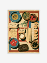 Mediterranean feast wall art with bread, olives, tomatoes, herbs, and bowls on geometric background