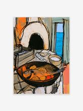 Rustic kitchen poster of a fish in a black pan with lemon and herbs, stone oven and blue sea behind