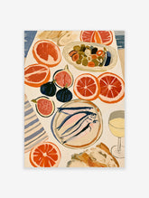 Mediterranean food art print with grapefruit, sardines, figs, olives and wine on a table