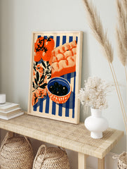 Mediterranean food illustration featuring tomatoes, black olives in a bowl, and bread on a, in an alternate framed mockup