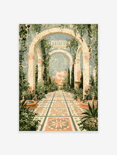 Mediterranean garden arch art print with tiled courtyard, stone pillars, vines and fountains