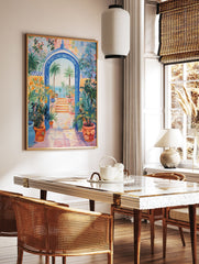 Vibrant Mediterranean Gateway Poster featuring a blue arched entrance, palm trees, ocean view, and colorful potted plants. - Image 2