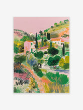 Illustrative Mediterranean landscape print with pink houses, green hills, cypress trees, and a winding path
