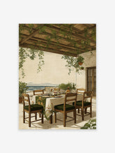 Vintage illustration of a Mediterranean patio dining scene under a vine-covered pergola overlooking the sea.