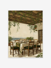 Vintage illustration of a Mediterranean patio dining scene under a vine-covered pergola overlooking the sea.