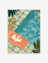 Mediterranean pool poster with cat on coral towel, blue water, patterned tiles, straw hat, and leaves