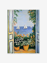 Vibrant Mediterranean sea view poster with open blue doors, potted white and orange flowers, and sailboats on blue water.