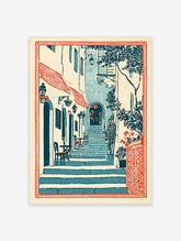 Mediterranean staircase poster with blue steps, red awnings, arched doorway, and leafy branches