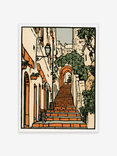 Mediterranean stairway poster with orange brick steps, green foliage, and stone archway