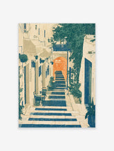 Mediterranean alleyway art print with blue steps, orange archway and green foliage