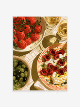Illustrative food wall art print showing cherry tomatoes, olives, and cherries on a table, warm palette, top-down view
