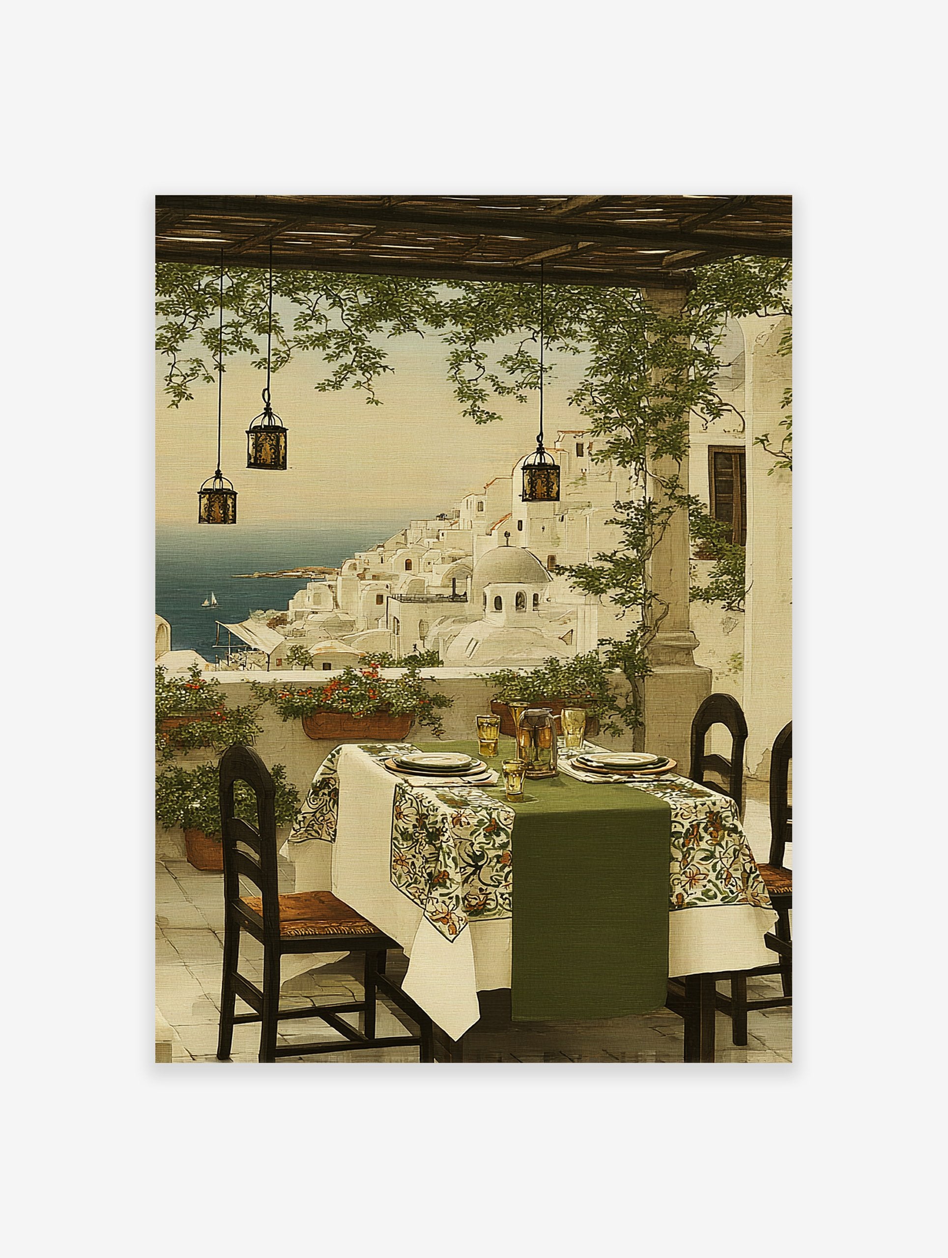 Mediterranean coastal village painting with white buildings, blue sea, and an inviting dining patio scene.