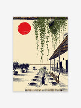 Mediterranean wall art illustration of an outdoor dining patio with a long table, green vines, and a red sun.
