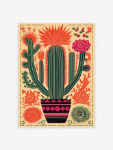 Mexican cactus poster with vibrant red, green, and pink botanical illustration in a folk art style.