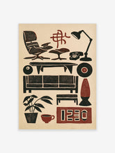 Mid century modern furniture poster with lounge chair, sofa, record player and clock in black and red on beige