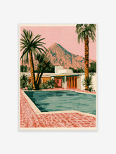 Mid-century modern house illustration with turquoise pool, palm trees, and mountain backdrop in pink and orange tones
