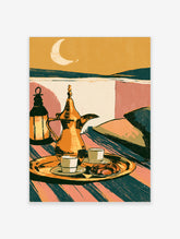 Middle Eastern coffee poster with brass dallah, cups, dates, lantern, and crescent moon
