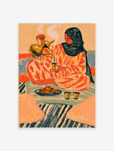 Middle Eastern coffee poster of a woman pouring from a gold dallah into a cup, with dates and cups on a striped rug