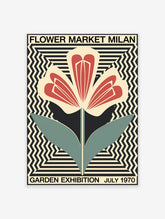 Milan Flower Market poster featuring a stylized red, black, and teal flower on a cream and black geometric background.
