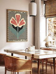Milan Flower Market poster featuring a stylized red, black, and teal flower on a cream and black geometric background. - Image 2