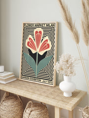 Milan Flower Market poster featuring a stylized red, black, and teal flower on a cream and black geometric background. - Image 4