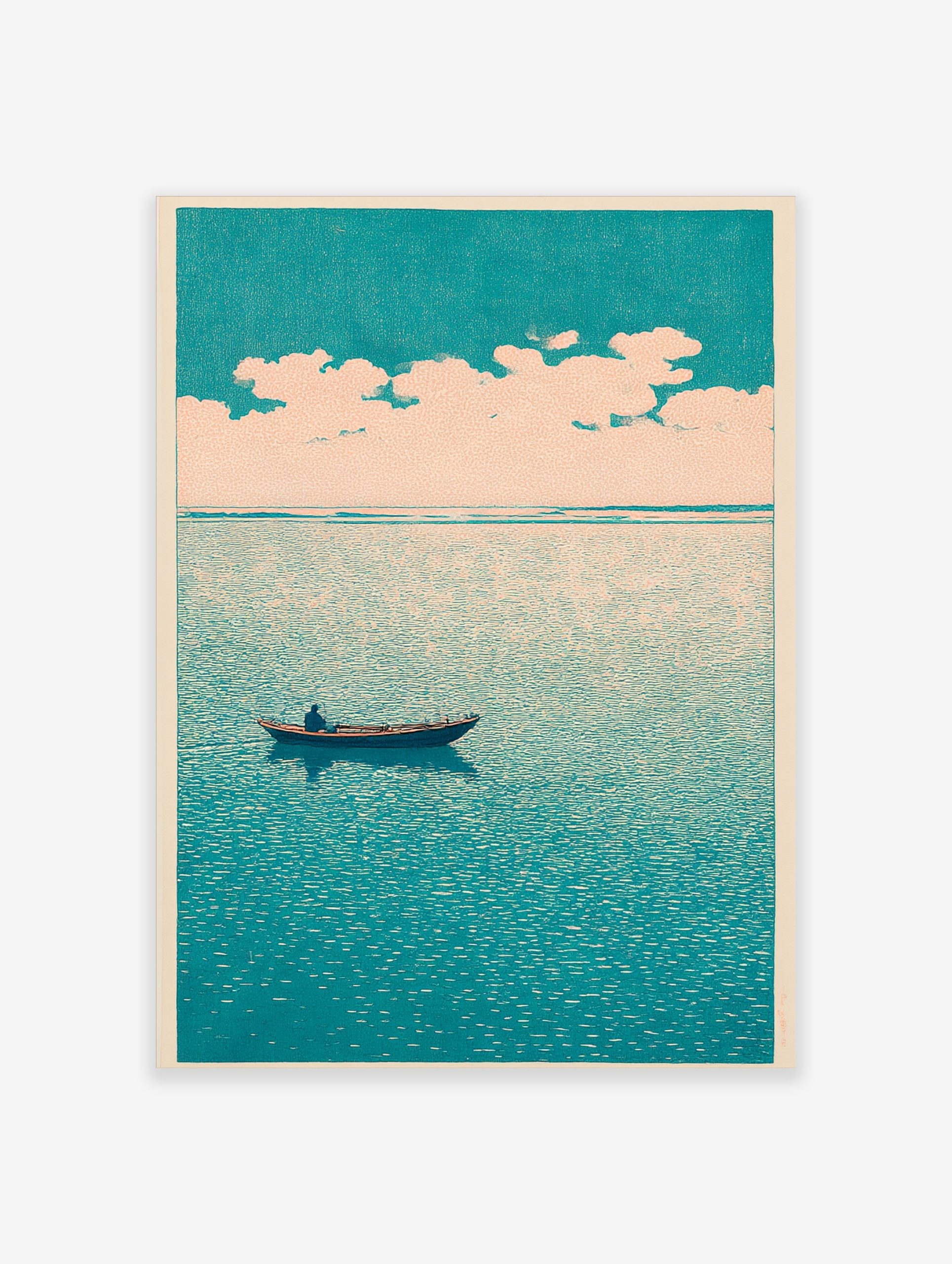 Minimalist art print of a lone boat on a teal sea under a pale, cloudy sky, evoking calm