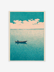 Minimalist art print of a lone boat on a teal sea under a pale, cloudy sky, evoking calm