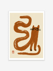 Minimalist brown cat illustration with long serpentine tail and red seal mark on cream background art print