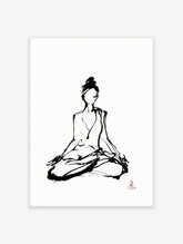 Minimalist black ink brushstroke meditating figure art print on white background
