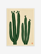 Minimalist cactus wall art with two green cacti on a cream background, illustrative botanical print