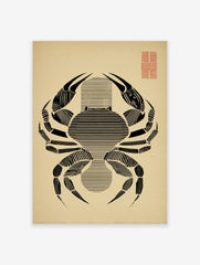 Minimalist black crab illustration with horizontal lines on beige paper, red grid in top right