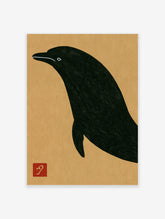 Minimalist black dolphin silhouette art print with a red stamp on a tan background